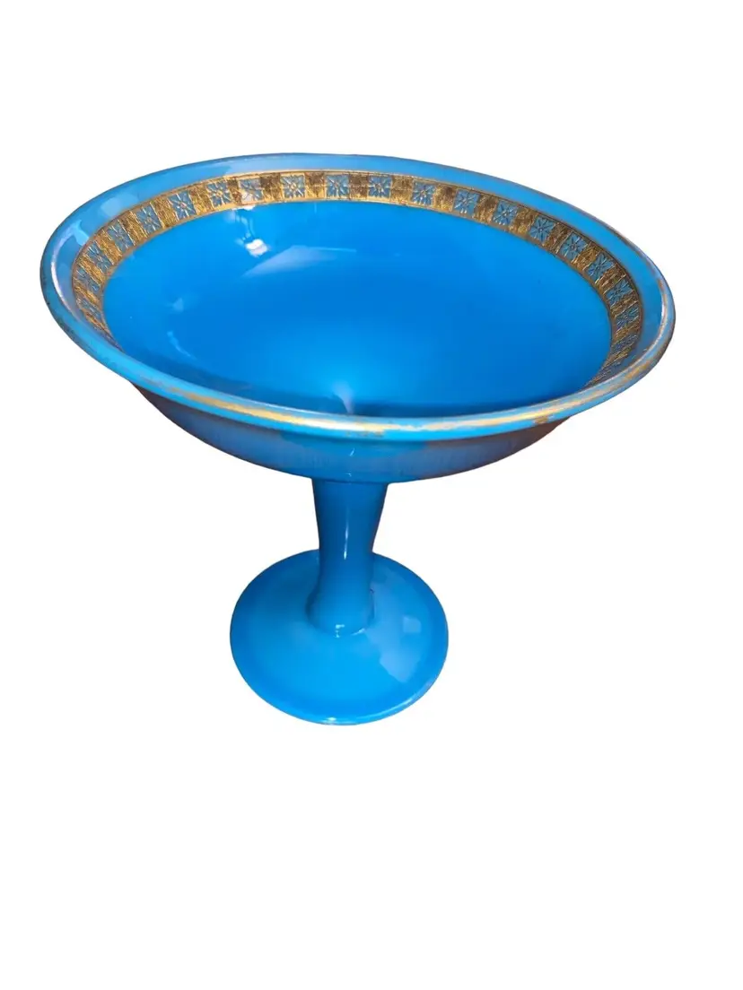 Blue Glass Gold Trim Design 7” Footed Compote Vintage