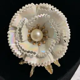 Stunning Vintage Enamel, Pearl, Goldtone Stems,  And  Ruffled Flower Brooch.  1960’s.