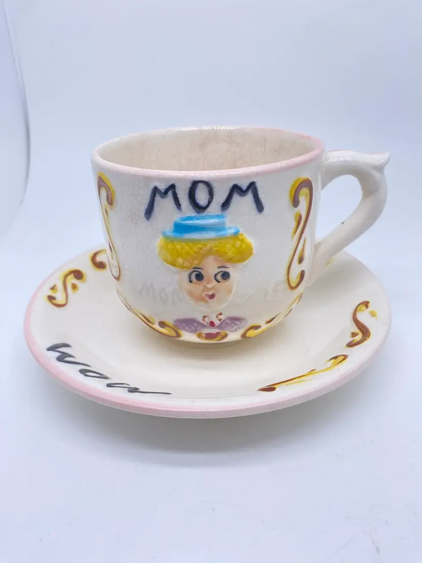 Vtg 1950’s Kitschy Lefton Mom Oversized Tea Coffee Cup Saucer Hand Painted Japan