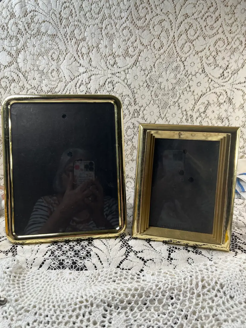 005 Two Brass Colored Picture Frames One 8 X 10 Rounded One 5 X 7 Beveled