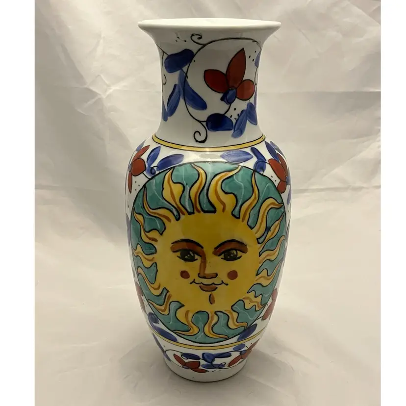 VTG 1950-60s Sunburst Hand Painted Ceramic Pottery Vase, EUC.