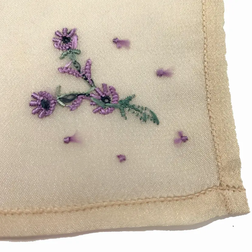 Embroidered Purple Floral Silk Handkerchief Vintage Cottage Core Granny