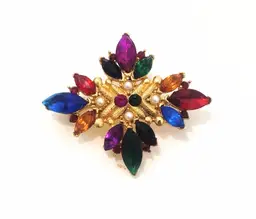 Gold Tone Faceted Stone Faux Pearl Brooch Pin Colorful Jewel Tone Regal Artsy