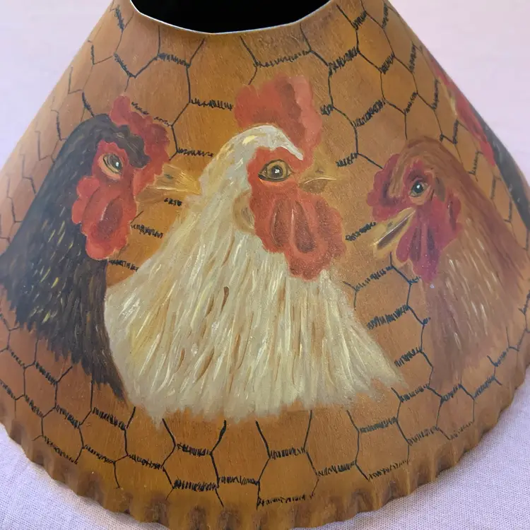 Vintage Tin Hand Painted Rooster Chicken Lamp Shade 9" x 5.5"Chicken Wire Background
