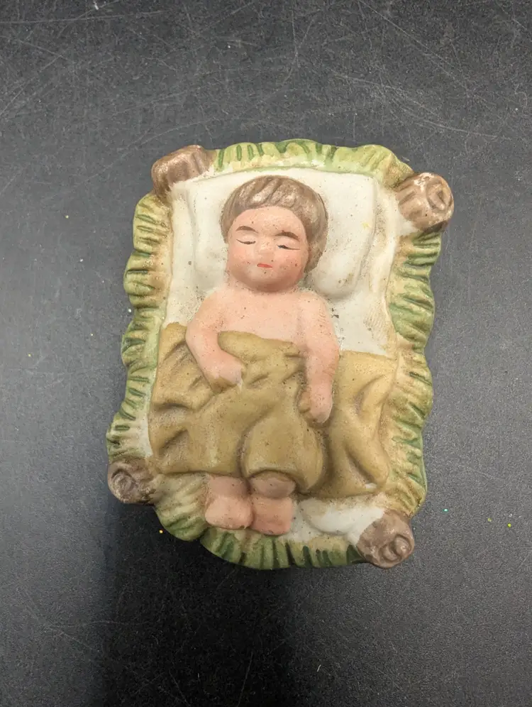 Vintage Bisque Baby Jesus Manger Figurine Nativity Porcelain Hand Painted 2.50"L