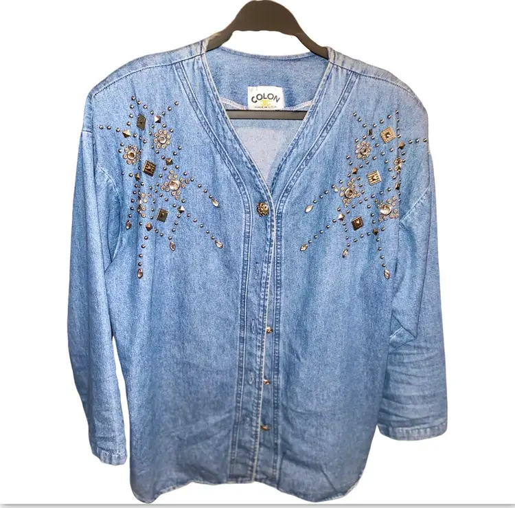 1980s Denim Button Up Top Silver Stud Details Size L