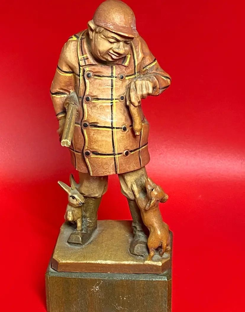 1950-1960's Kuno Bierling Woodcarving of Hunter w/ Dog & Rabbit, 7" Tall
