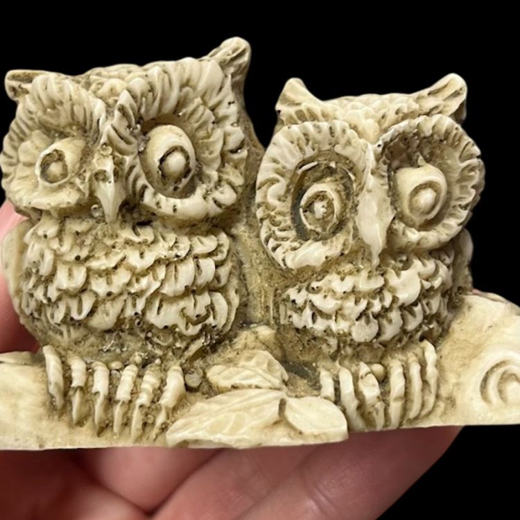 Made In Mexico Resin Owl Pair On Branch Figurine, Two Owls On A Log Miniature Figurine