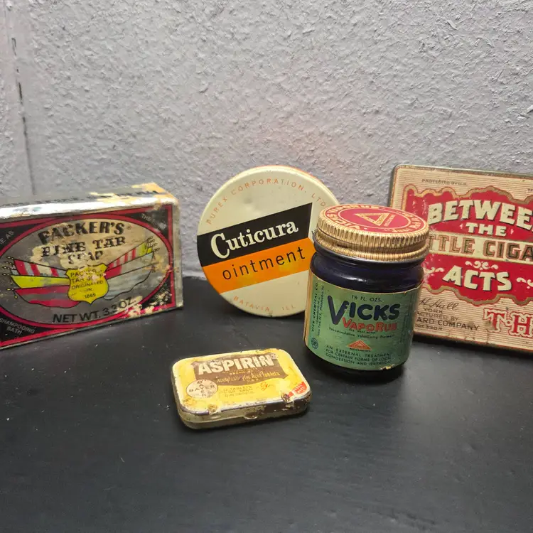 Vintage Tin Lot Aspirin Vicks Cuticurra & Between The Acts Little Cigars