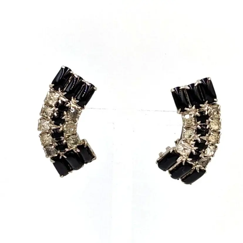 Rhinestone Arches Clip On Earrings Clear And Black Crystals Unmarked Art Deco Style