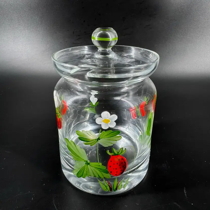 Hand Painted Glass Strawberry Jam Jelly Jar