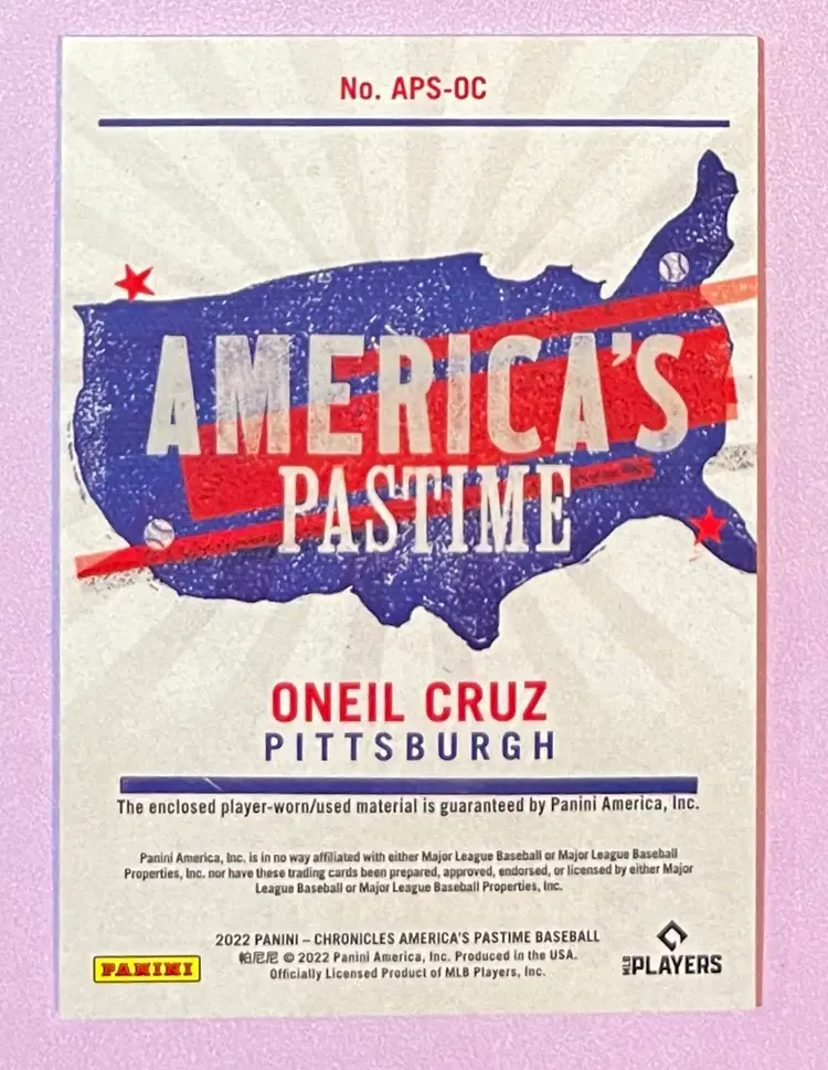 Oneil Cruz RC Panini Chronicles America’s Pastime 2022 #APS-OC Memorabilia Patch card - Pittsburgh Pirates