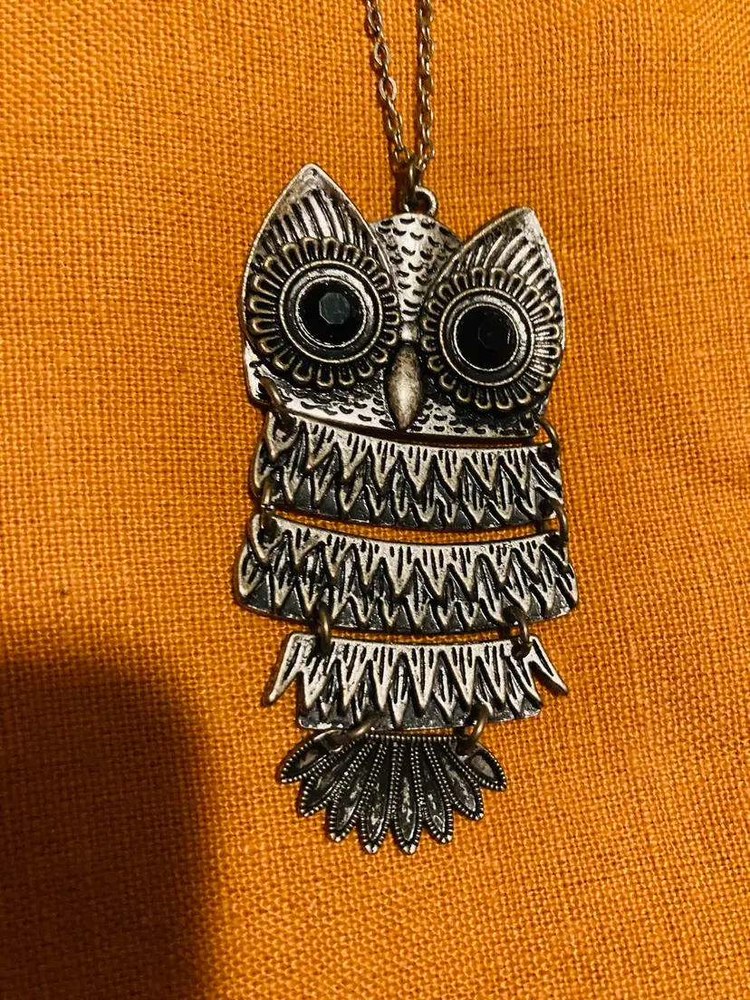 1970’s Brass Articulating Owl 
32”Long Necklace 
3” Extension Chain 
Vintage 
Black Eyes 
BOHO - Hippie
