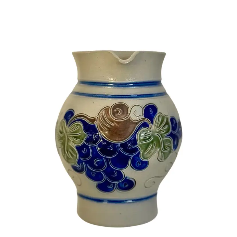 Salt Glaze PitcherVase Handarbeit Studio Pottery, Germany, Salt Glaze Pitcher Vase, Grape Cluster & Leaves Cobalt Blue•Green•Bronze Signed
5-1/2” T x 5-1/4” W