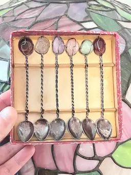 Vintage Demitasse Spoon Set 6 
Polished natural stone delicate twisted silver metal 4.5” espresso size