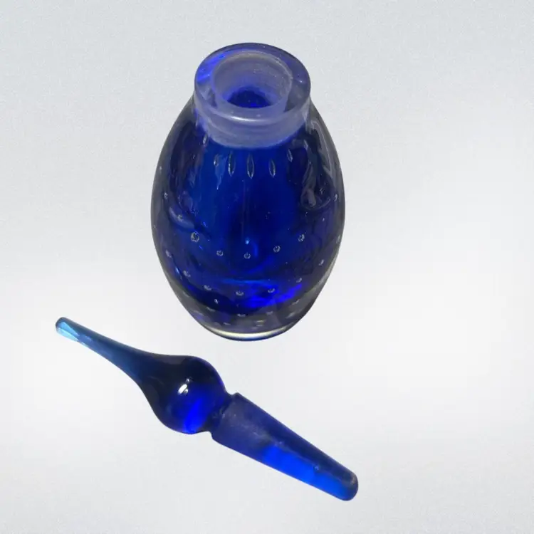 Vintage Cobalt Blue Art Glass Perfume Bottle with Stopper | Controlled Bubble Glass | Mid Century Style | 6” Tall