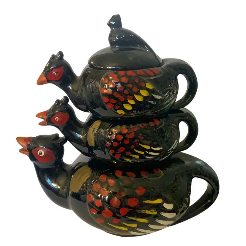 Fabulous 9” Tall Hand Painted Stackable Chicken Or Pheasant Stackable Teapot Set Includes Sugar And Creamer With Made In Japan Sticker