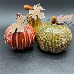Set of 3 Mini Ceramic Pumpkins with Metal Leaves Fall or Halloween