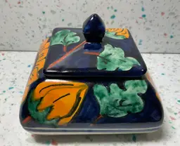 #01 Pottery lidded trinket box, 4” square and 3 1/2” tall with lid