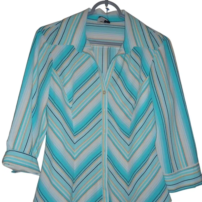 Tailor by B. Moss Size M Teal Striped Blouse top 3/4 sleeve