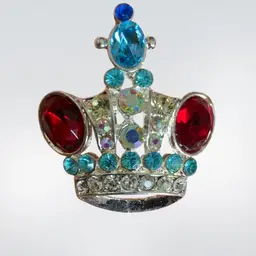 Vintage Crown Brooch/Pendant With Red, Blue And Ab Rhinestones
