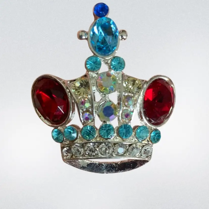 Vintage Crown Brooch/Pendant With Red, Blue And Ab Rhinestones