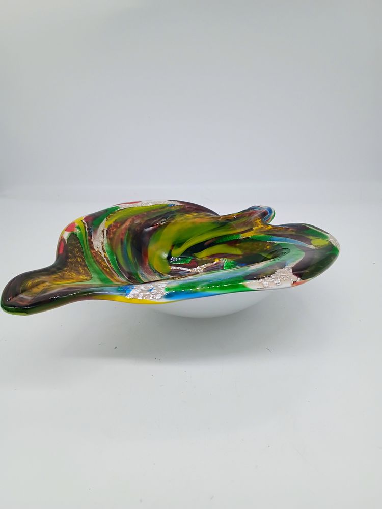 Vintage Fratelli Torso attributed Murano Multicolored Swirl Also Called Tutti Fruiti  Art Glass Leaf Shaped Candy Dish / Ashtray
