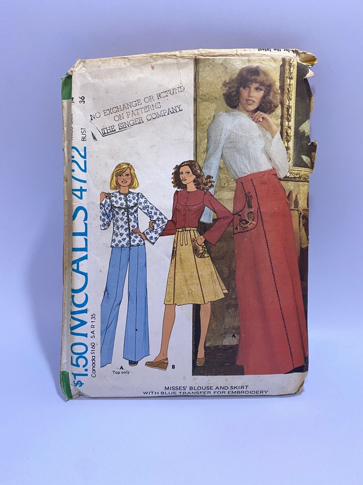 Vintage McCall's Pattern #4722 Size 14 Bust 36 Misses Blouse & Skirt w/ Blue Transfer For Embroidery