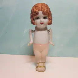 vintage bisque brown hair girl hand painted stockings doll jointed arms 6” Japan