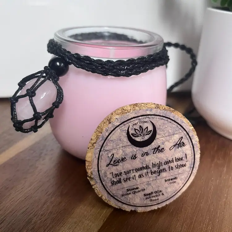 Spell Candle “Love is in the Air” - Love (Self/Platonic/Romantic) Intent - Rose & Lavender w/ Rose Quartz Necklace - Blessed w/ Affirmation