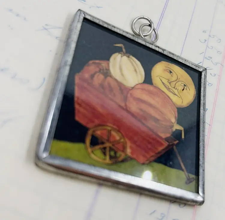 Shine On Harvest Moon Halloween Pendant Black And Orange Pumpkin Moon In Silver Frame With Loop 2” Free Shipping