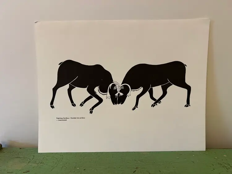 1970s Inuit Art Print - Fighting Caribou- Juanisialuk - Vintage Eskimo La Fédération des Coopératives du Nouveau Quebec
