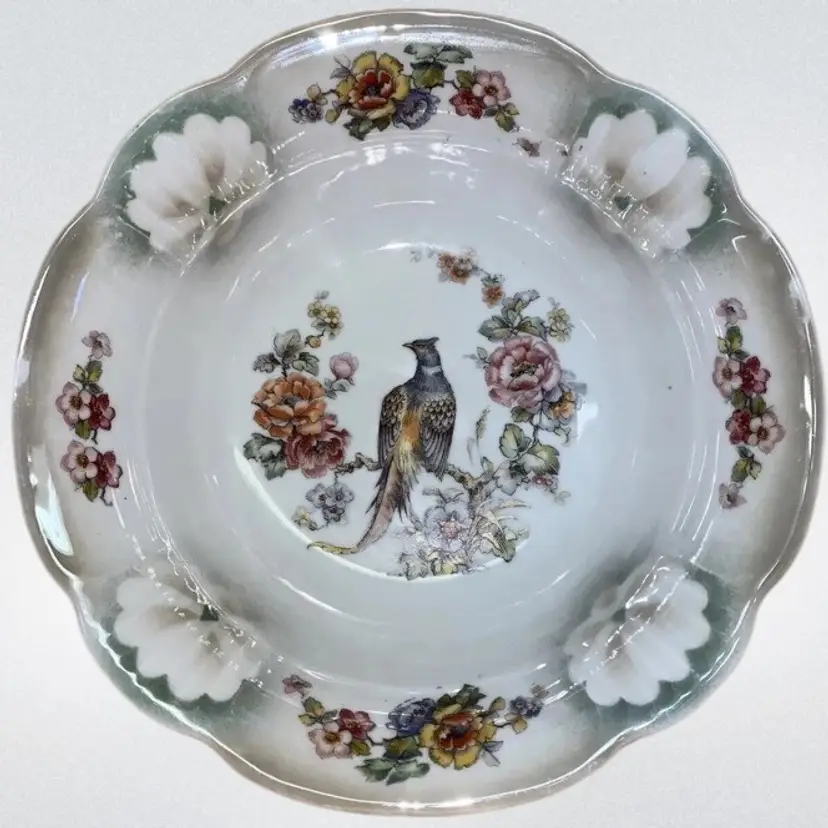 Pheasant & Floral Porcelain Serving Bowl, Germany 1910-1920