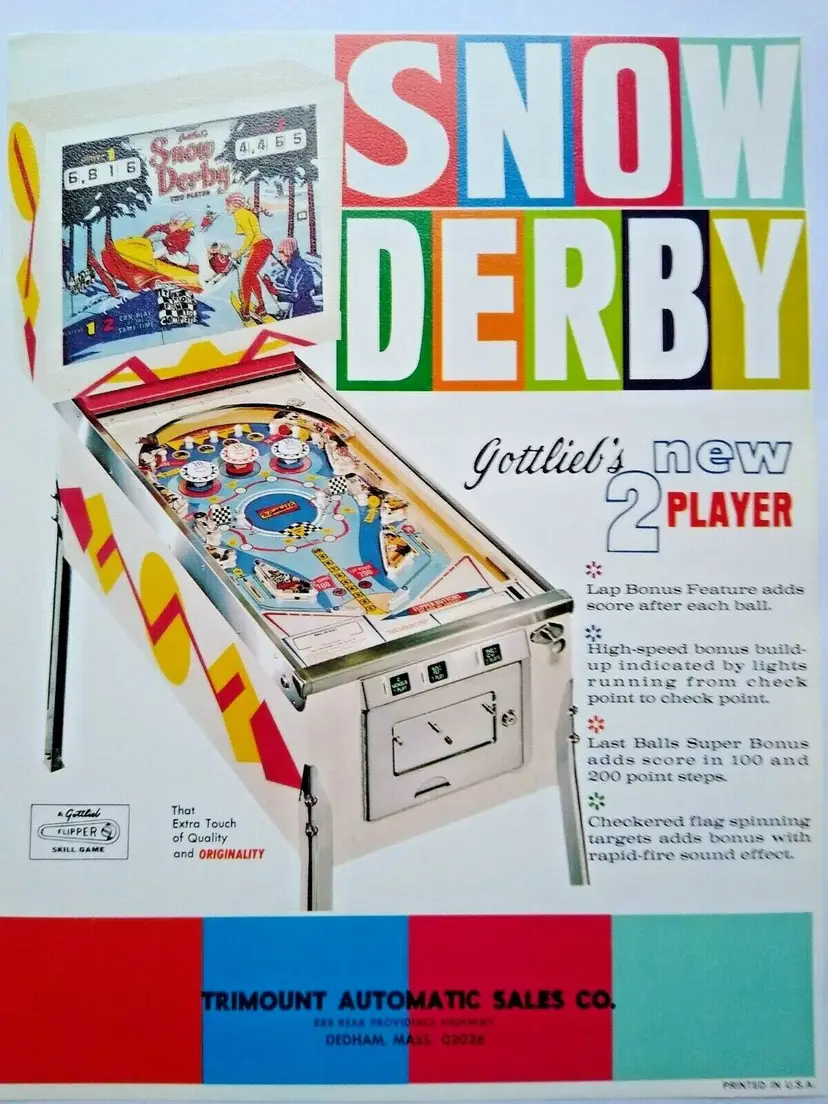Snow Derby Pinball FLYER Original NOS 1970 Artwork Sheet Winter Sports Retro Mod