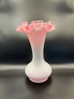 Vintage Fenton Silver Crest Cased Peach Pink Milk Glass Ruffled Vase