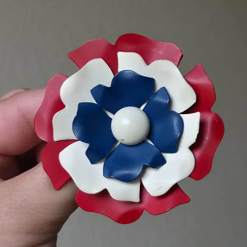 Vintage Large Enamel Flower Red White Blue Patriotic Americana