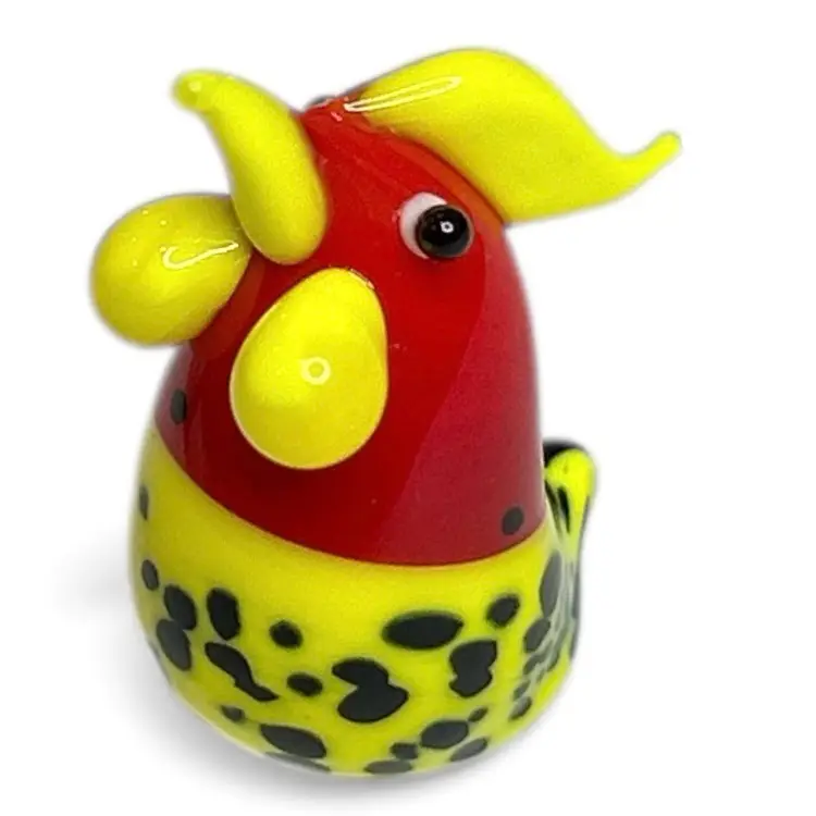 Mini Handblown Yellow Art Glass Rooster With Christmas Stocking