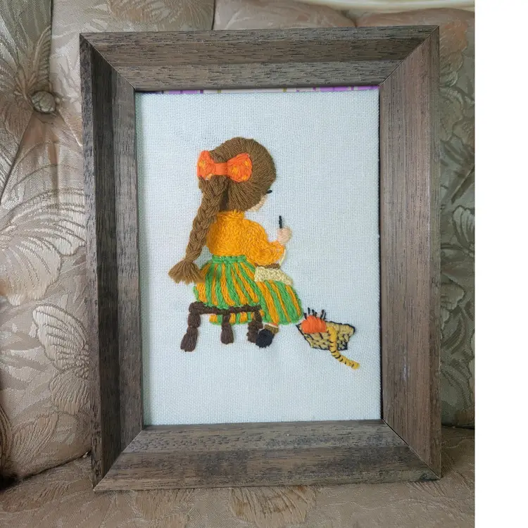 Vintage Framed Embroidered Girl with Cat 1970's