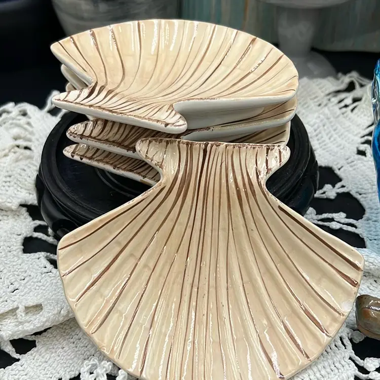 4 Piece Shell Shaped Ceramic Trinket Dishes, 2.5” Tall, Coral Reef, Hand painted