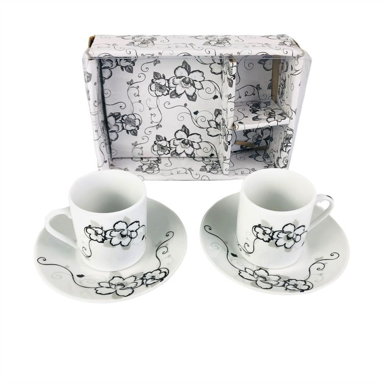 D'Lusso Espresso Set w Box 2 Cups & Saucers White Black Silver #2D55 Open Box
