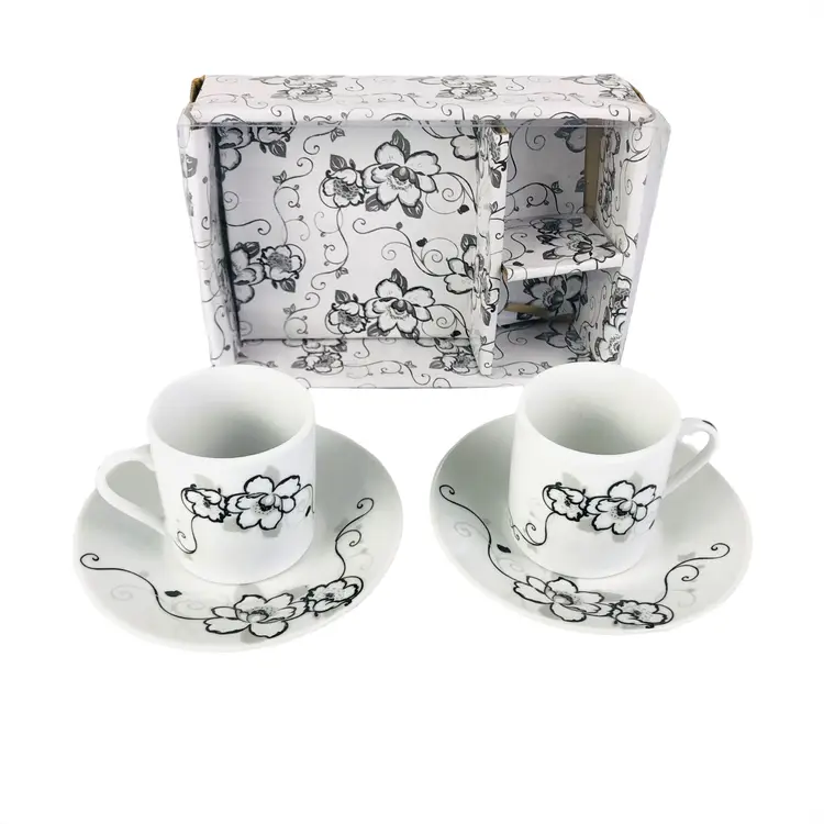 D'Lusso Espresso Set w Box 2 Cups & Saucers White Black Silver #2D55 Open Box