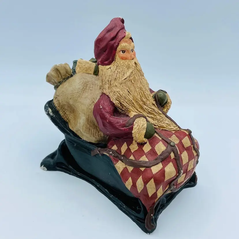 Vintage Folk Art Old World Santa on Sleigh Checker Blanket Signed Diana Wade Numbered 1988