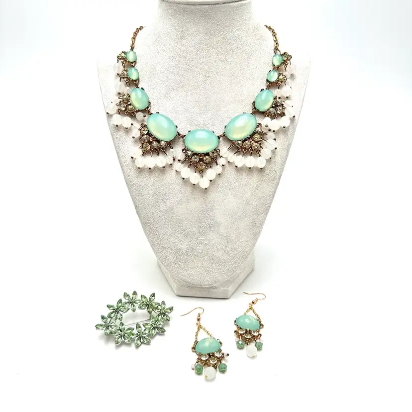 Green Pink Necklace Earrings Gold Tone Paired Brooch **Read** Bridgerton Inspired Jewelry Lot
