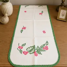 Vintage Hand Embroidered Dresser Scarf Table Runner - 35"x14'5" Pink Floral Linen with reen Crochet Trim
