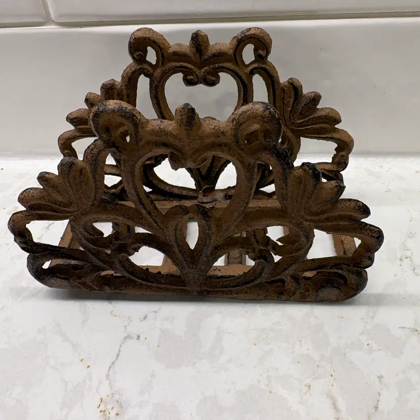 Vintage Cast Iron Napkin Holder Heart Scroll Farmhouse Kitchen Decor