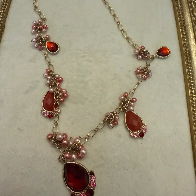 17” Gold Tone Red Stones/ Pink Faux Pearl Necklace