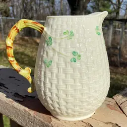 Belleek Shamrock Basketweave Pitcher/ Jug / Vase. Made In Ireland. 6”h.
