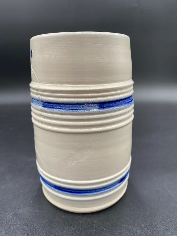Vintage Williamsburg Pottery, Salt Glazed, Stein/Mug with Blue Flowers & Leaves
