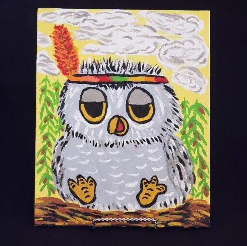 Studio Art Barn Owl & Feather Headdress Painting on Canvas Board 8" X 10" Signed
