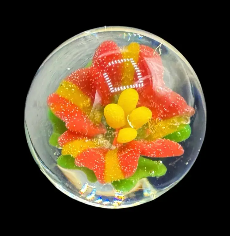 Contemporary Handmade Art Glass Marble .83” Red Yellow Green Flower Bubble
